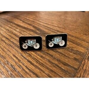 Vintage Gold Tone Blue Black Enameled Antique Carriage Cufflinks
